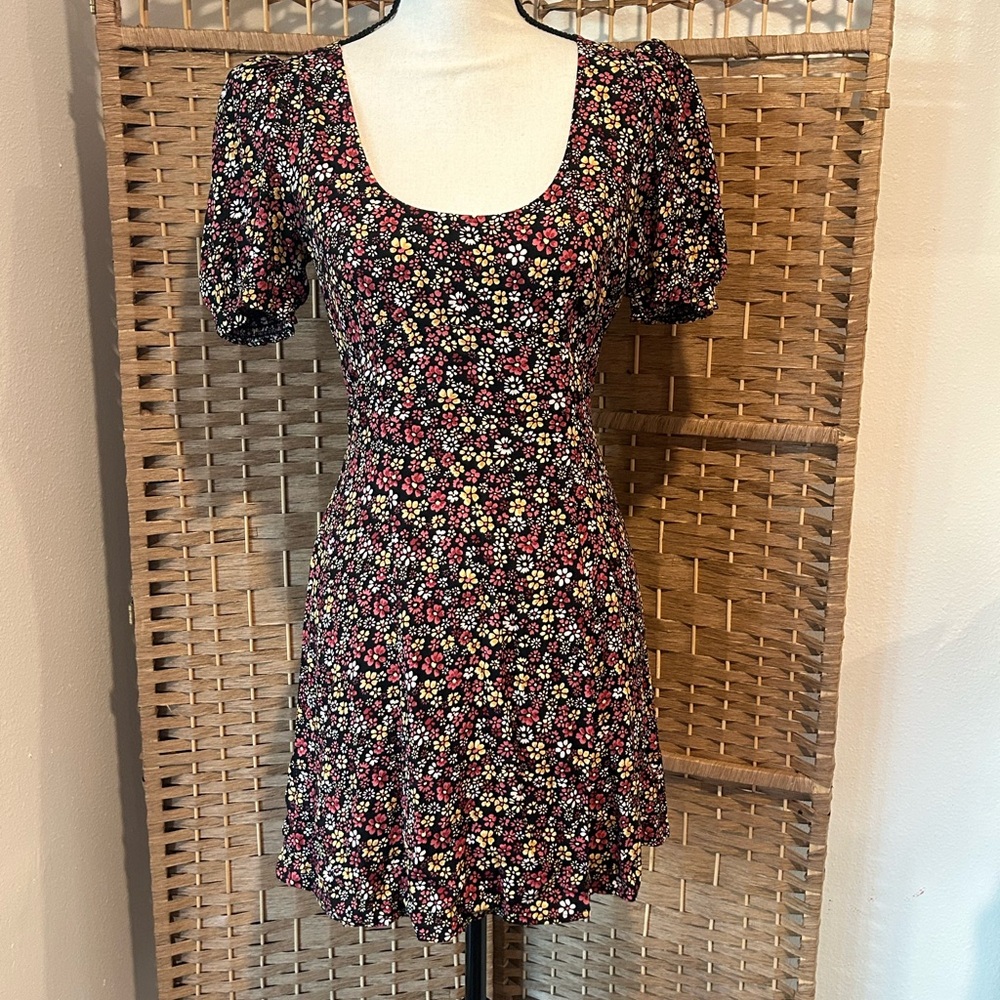 Reformation Black Floral Scoop Mini Dress with Pink & Yellow Flowers
